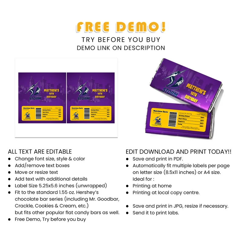 Melbourne Storm Chocolate Label Printable Digital Download