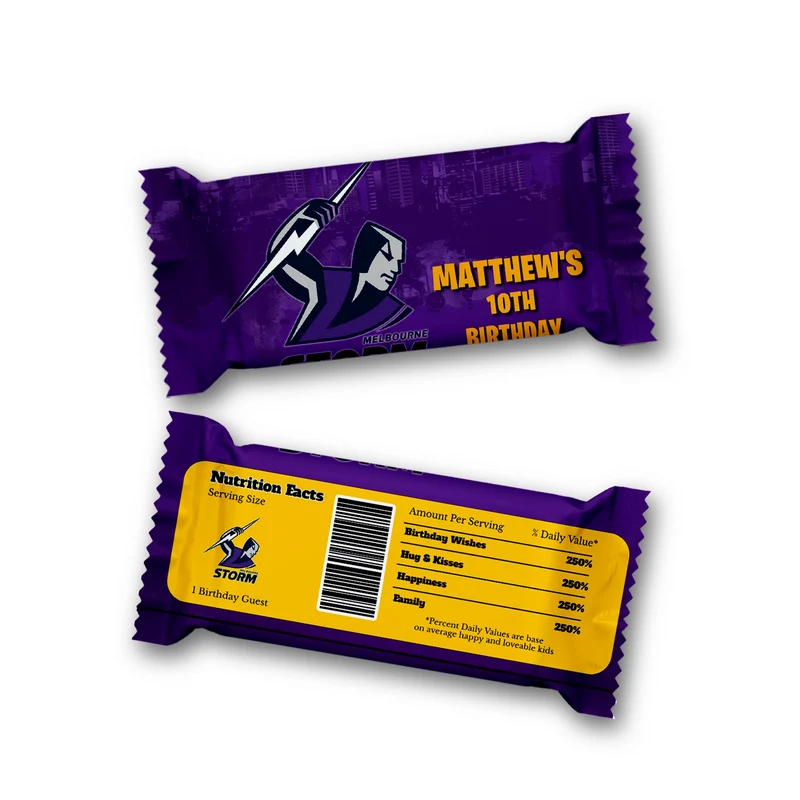 Melbourne Storm Rice Krispies treats and candy bar labels shown together in a sports party snack display