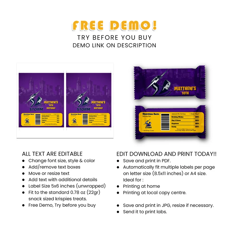 Melbourne Storm Rice Krispies Treats Label & Candy Bar Label Digital Download