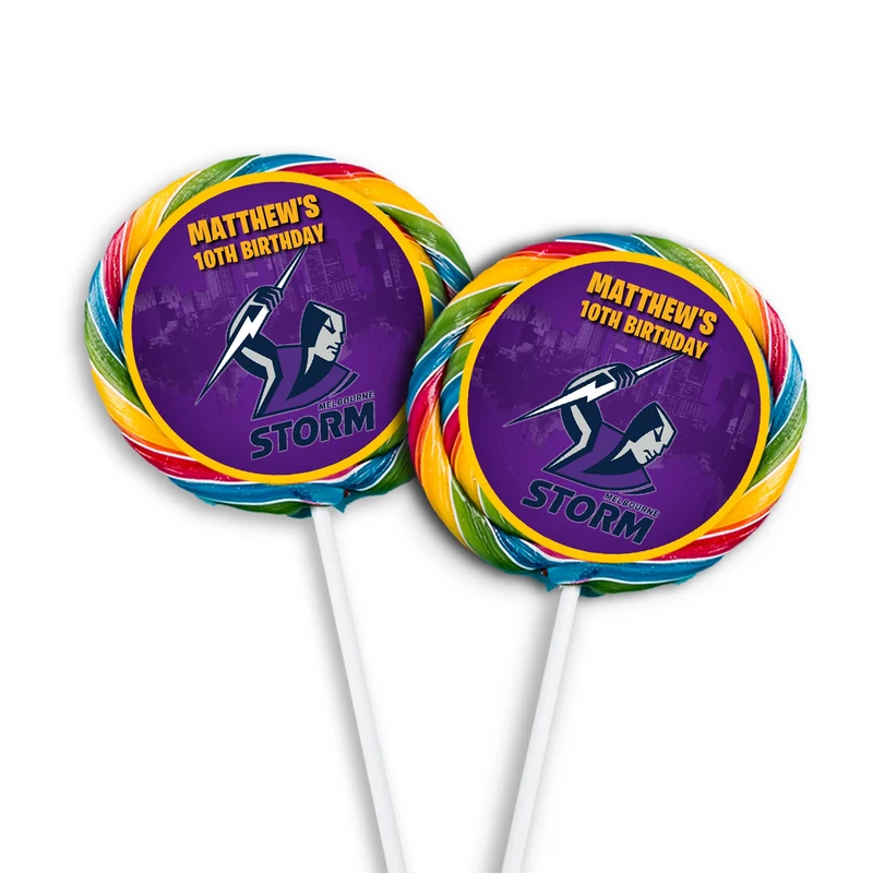 Melbourne Storm lollipop label mockup featuring a round team logo sticker design attached to a clear wrapper
