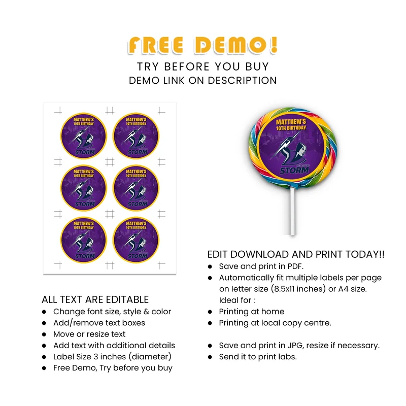 Melbourne Storm Lollipop Label Printable Digital Download