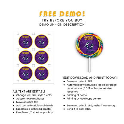 Melbourne Storm Lollipop Label Printable Digital Download