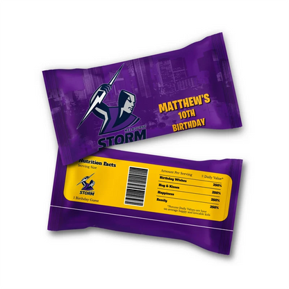 Melbourne Storm Skittles label wrap showing a team candy packaging layout displayed on a neat tabletop