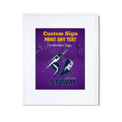 Melbourne Storm custom sign template featuring a sports party layout inside a modern white picture frame