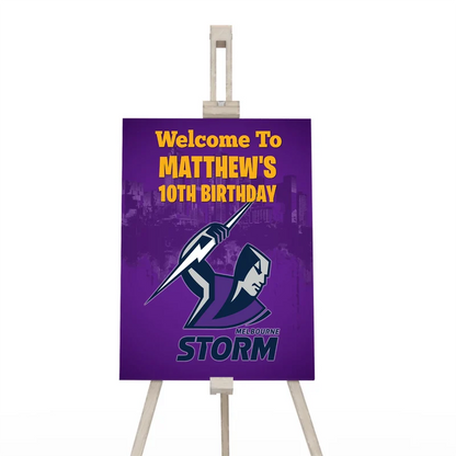 Melbourne Storm welcome sign displaying a team greeting layout on a wooden display easel