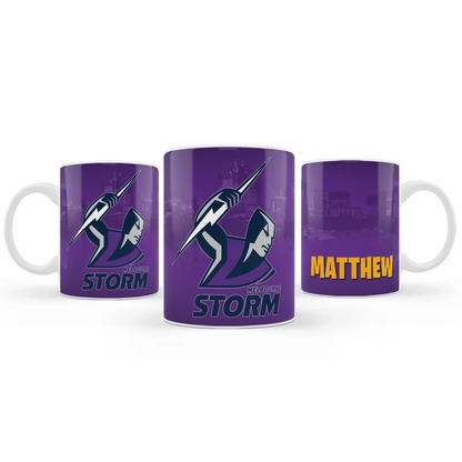 Melbourne Storm sublimation mug design featuring a graphic layout wrapped around a white ceramic mug