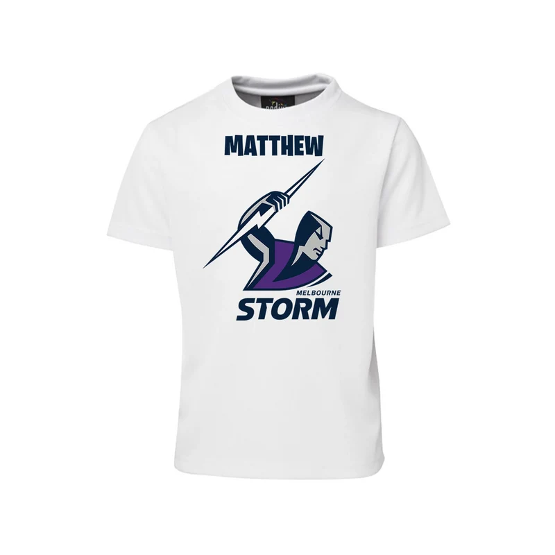 Melbourne Storm sublimation T-shirt mockup showing a graphic layout printed on a white cotton shirt