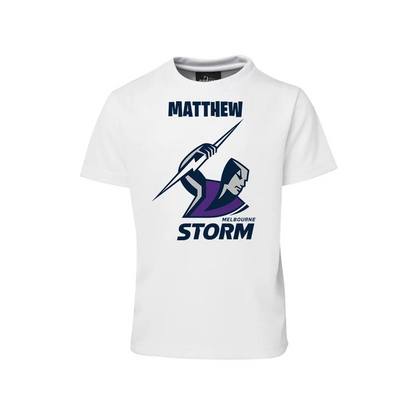 Melbourne Storm sublimation T-shirt mockup showing a graphic layout printed on a white cotton shirt