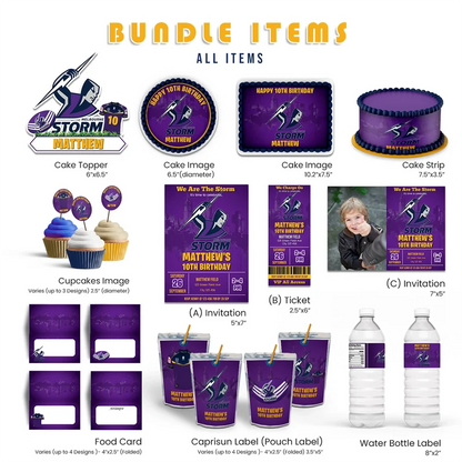 Melbourne Storm personalized party pack template with purple and silver sports decorations in a flat lay mockup layout