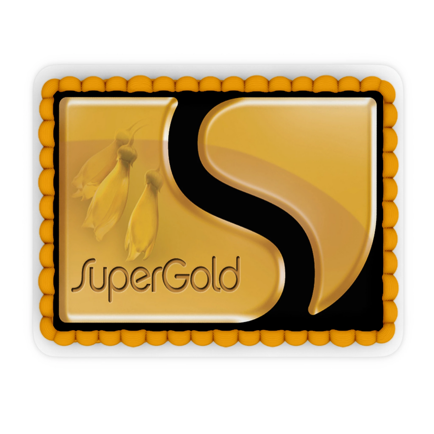 Customisable edible cake topper shaped like a Super Gold Card, perfect for celebrating a milestone 65th birthday in New Zealand.