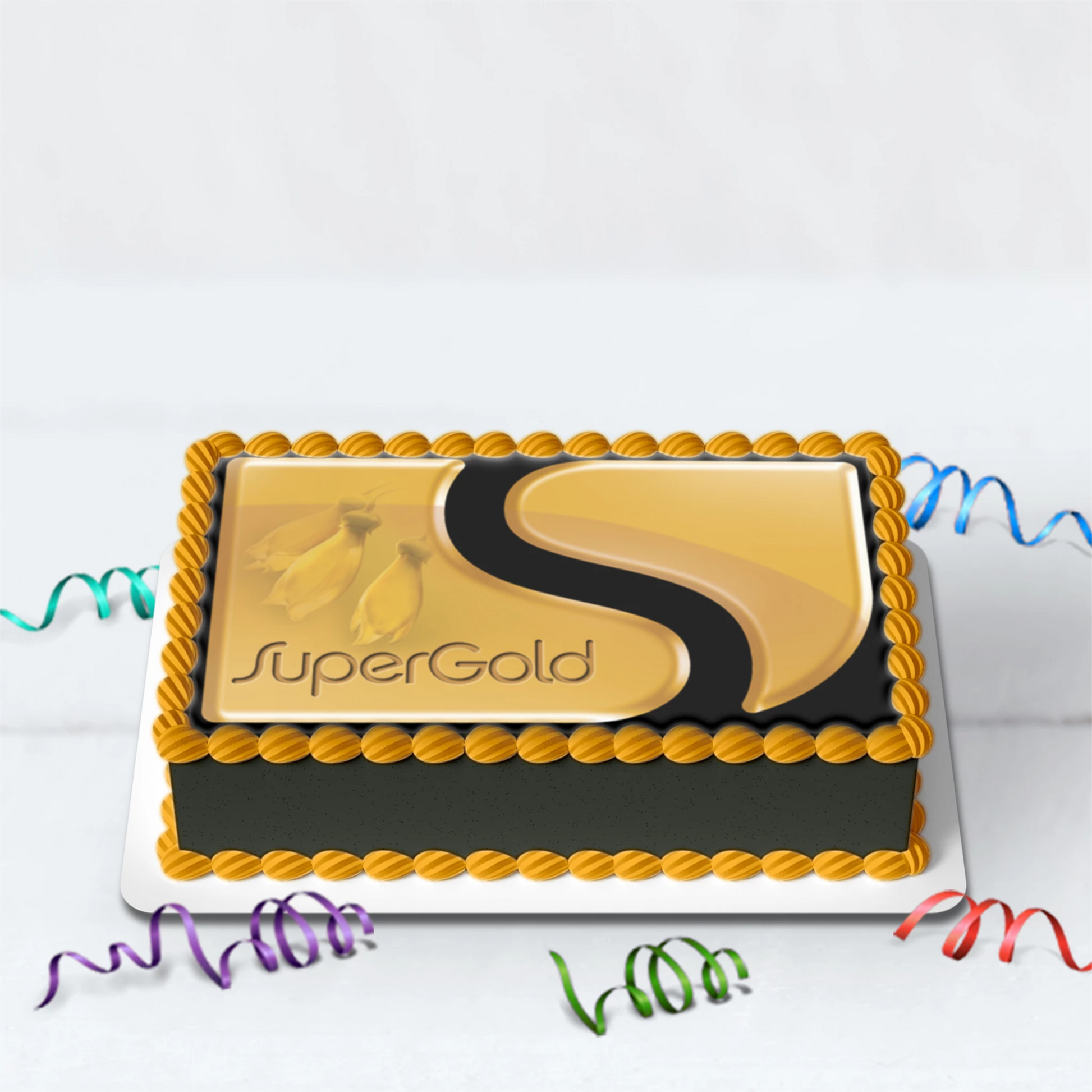Customisable edible cake topper shaped like a Super Gold Card, perfect for celebrating a milestone 65th birthday in New Zealand.
