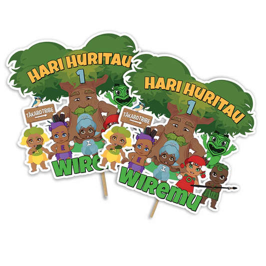 Takaro Tribe cake toppers with personalized graphics on card stock