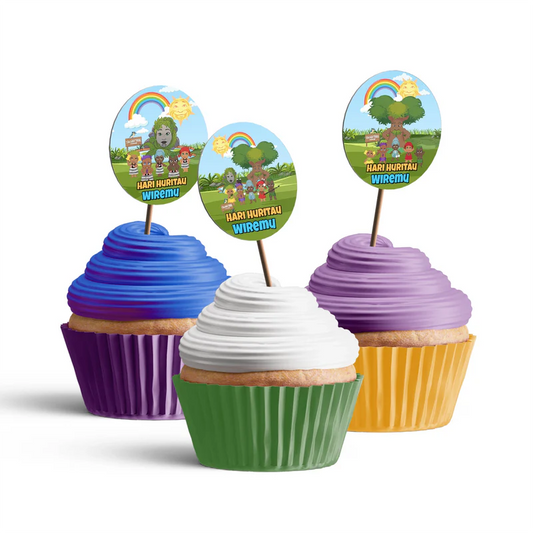 Takaro Tribe cupcakes toppers with themed graphics on round designs