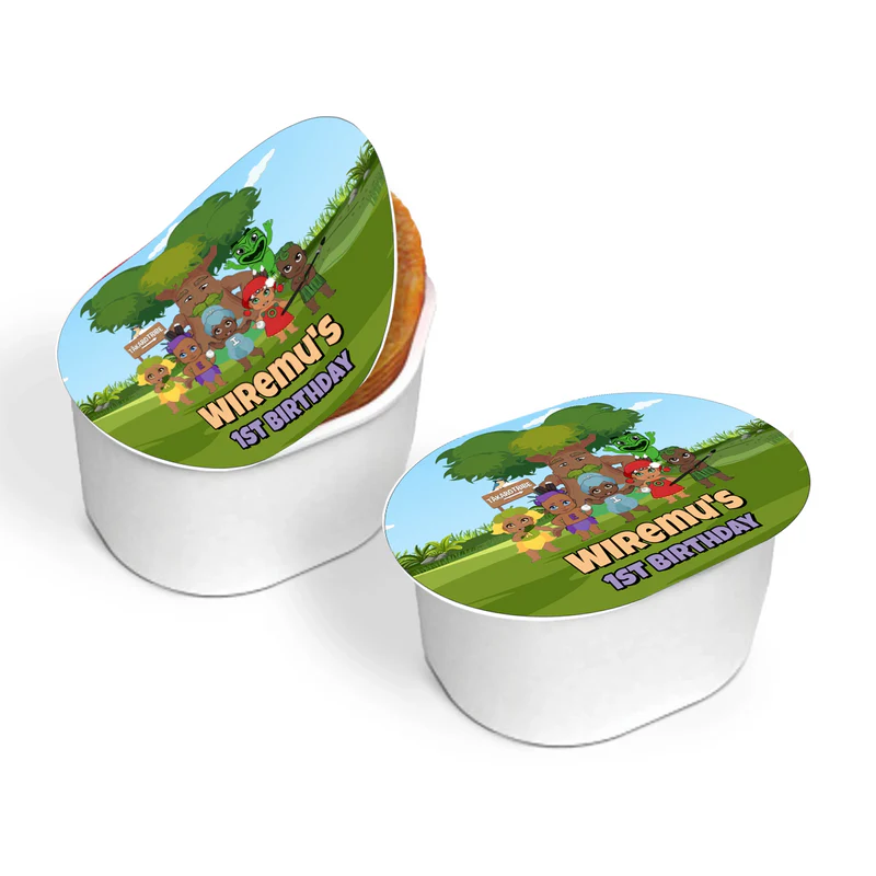 Takaro Tribe mini pringles label with colorful personalized wrap