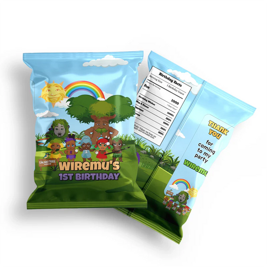 Takaro Tribe chips bag label with bright party graphics on wrapper