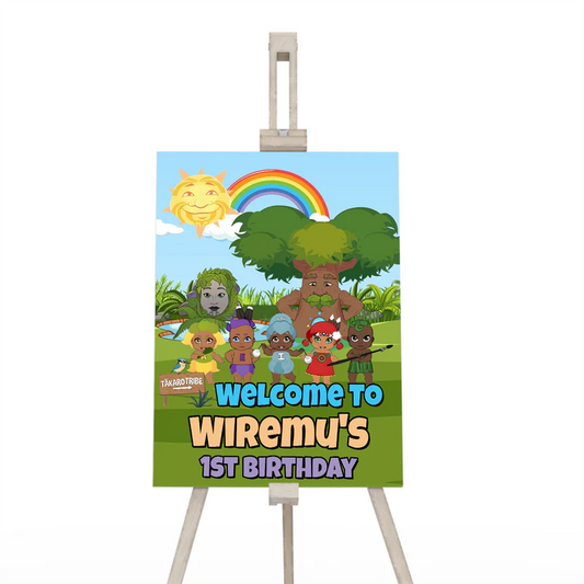 Takaro Tribe welcome sign with bold colors on flat surface