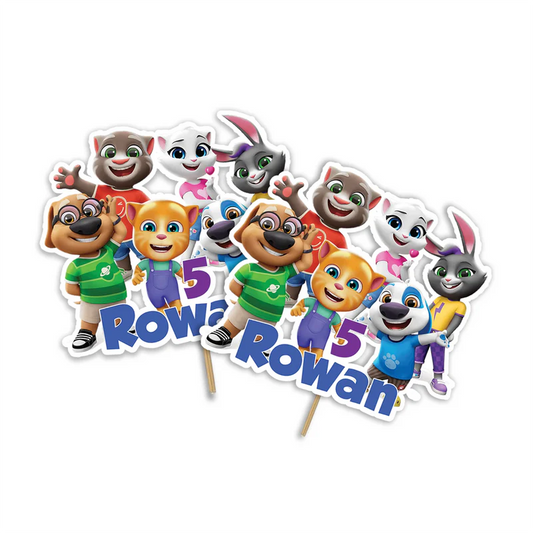 Talking Tom personalized cake toppers featuring colorful character cutouts and custom birthday age details.