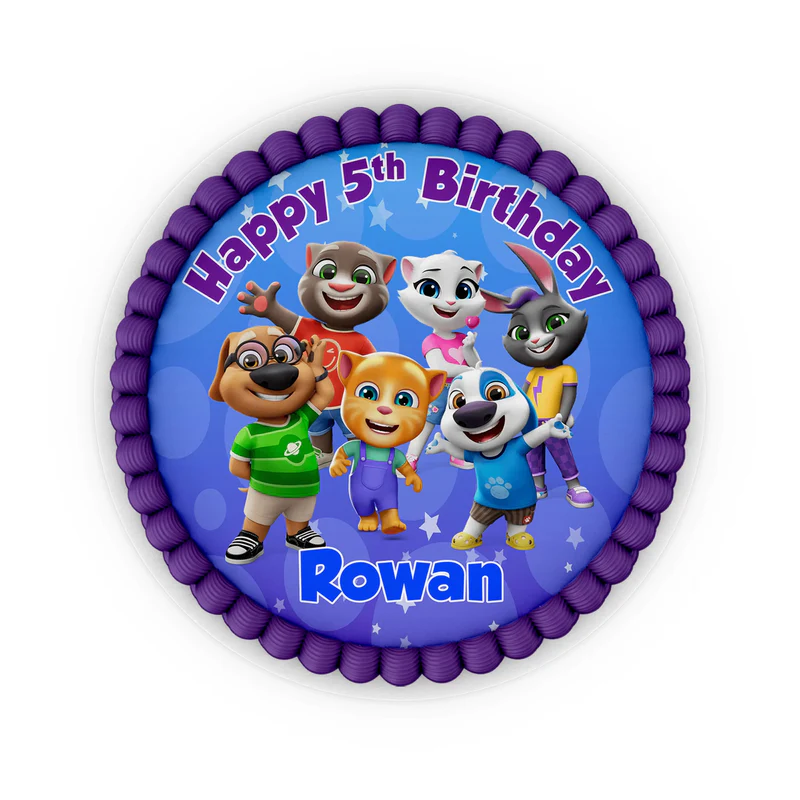 Talking Tom edible icing cake images with vibrant character portraits for custom birthday dessert decoration.