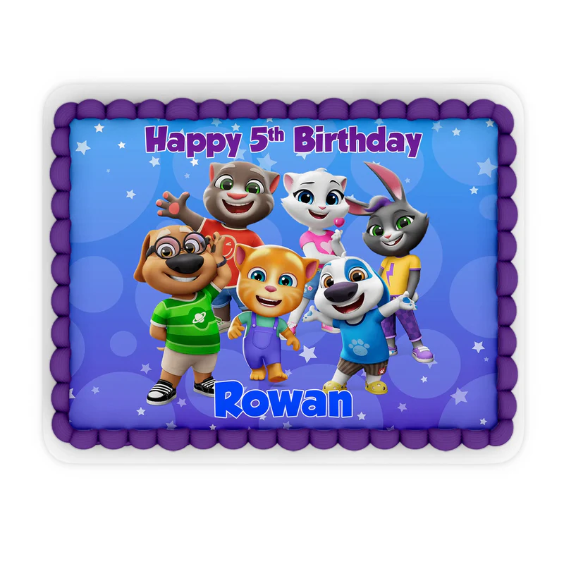 Talking Tom personalized sheet cake images with blue background and festive character group graphics.