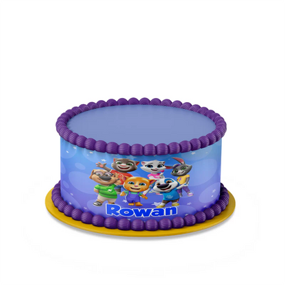 Talking Tom cake strips with bright patterns and personalized name display for birthday cake borders.