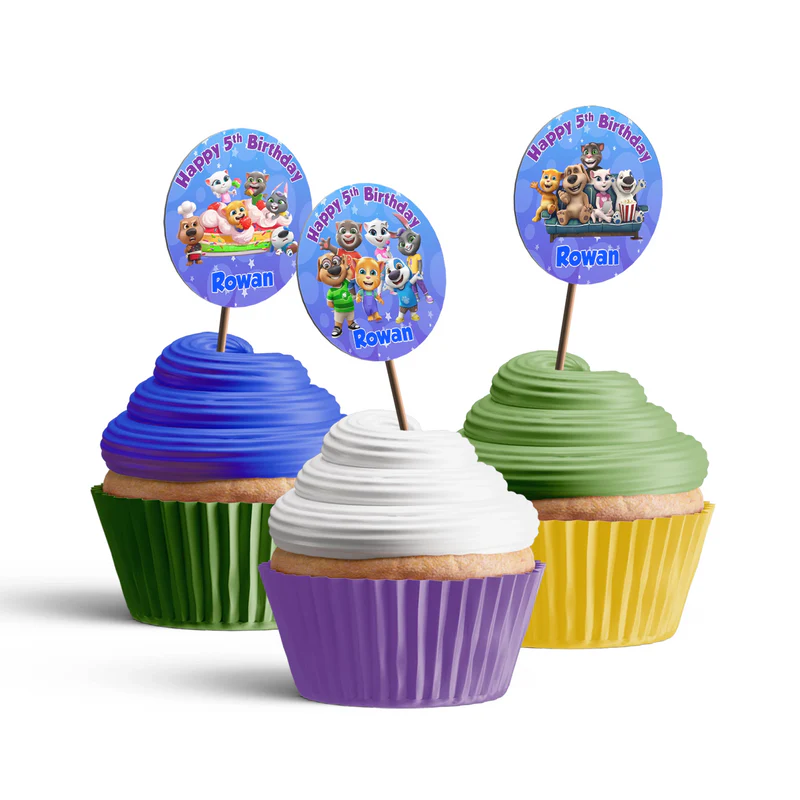 Talking Tom cupcakes toppers with small circular character portraits and custom name initials.