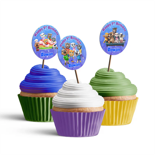 Talking Tom cupcakes toppers with small circular character portraits and custom name initials.