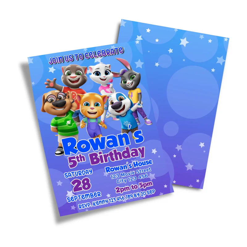Talking Tom personalized birthday card invitations with blue theme and festive party balloons.