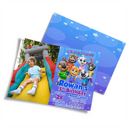 Talking Tom photo card invitations featuring custom picture upload and character border on white background.