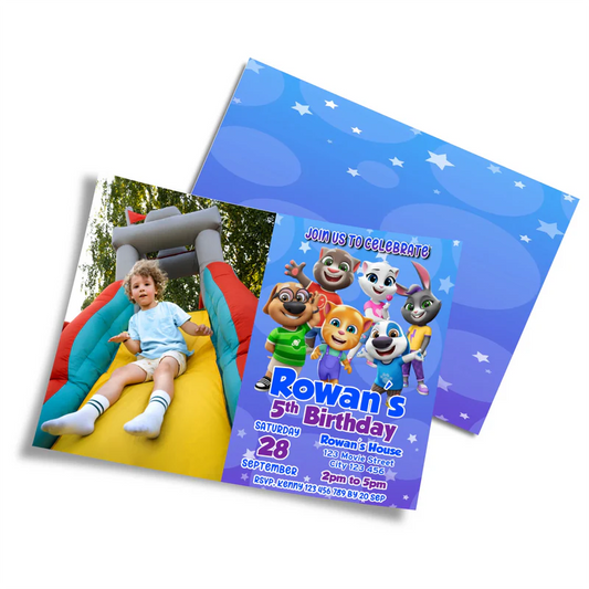 Talking Tom photo card invitations featuring custom picture upload and character border on white background.