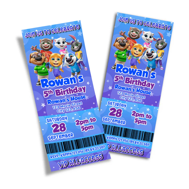 Talking Tom birthday ticket invitations with VIP pass layout and personalized event details.