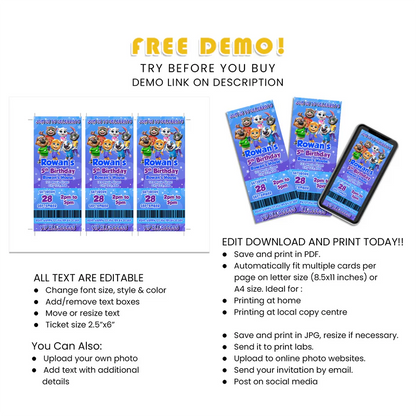 Best Talking Tom Personalized Birthday Ticket Invitations