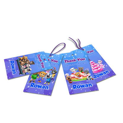 Talking Tom thank you tags with colorful character graphics and personalized name for party favors.