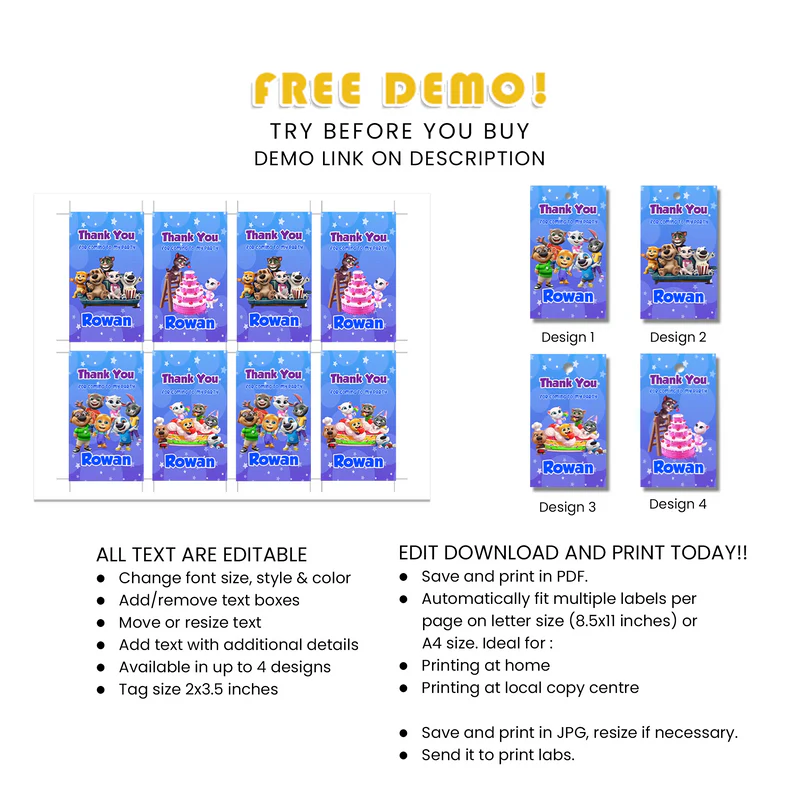 Custom Talking Tom Party Favor Tags Digital Download