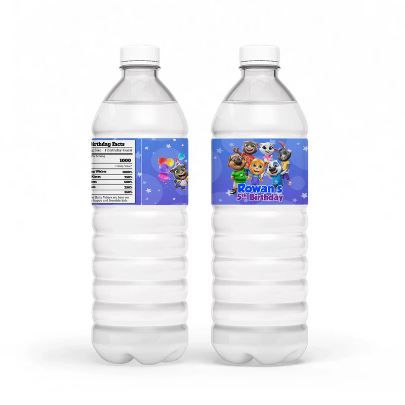 Talking Tom water bottle label with blue character pattern and personalized birthday message.