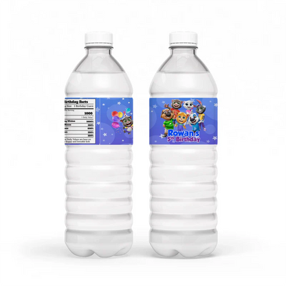 Talking Tom water bottle label with blue character pattern and personalized birthday message.