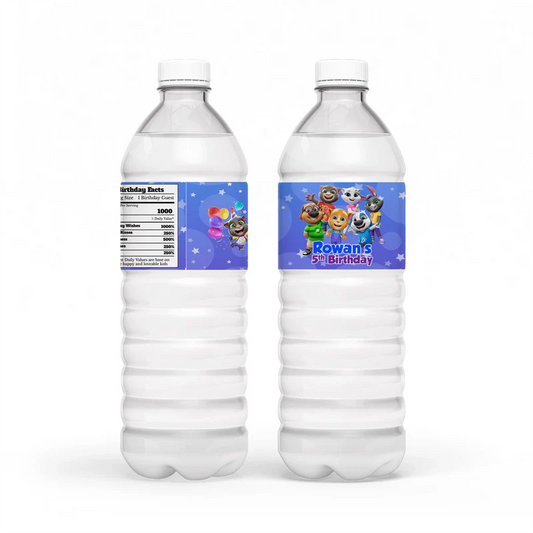Talking Tom water bottle label with blue character pattern and personalized birthday message.