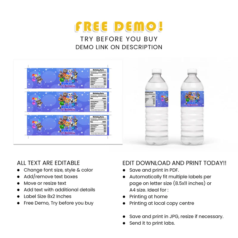 Buy Custom Talking Tom Water Bottle Label Template