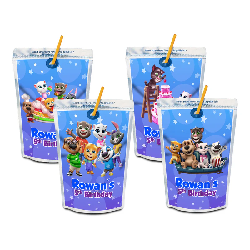 Talking Tom juice pouch label with festive character graphics and custom name for drink pouches.