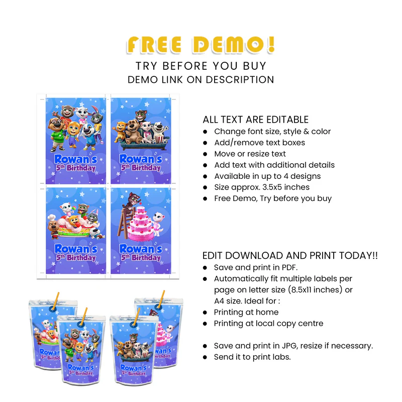 Custom Talking Tom Juice Pouch Label for Birthdays