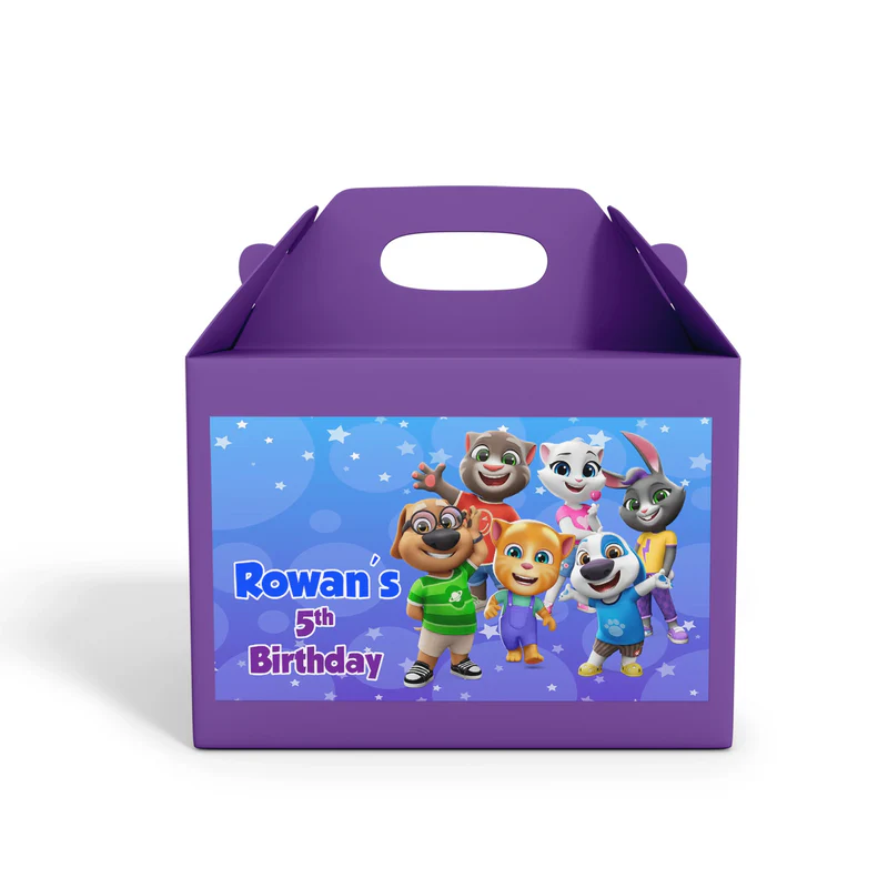Talking Tom treat box label featuring bright character art and personalized birthday age for favor boxes.