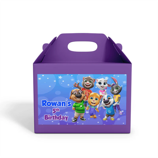 Talking Tom treat box label featuring bright character art and personalized birthday age for favor boxes.