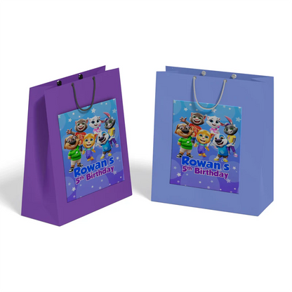 Talking Tom goodie bag label with character group shot and custom name for birthday gift bags.