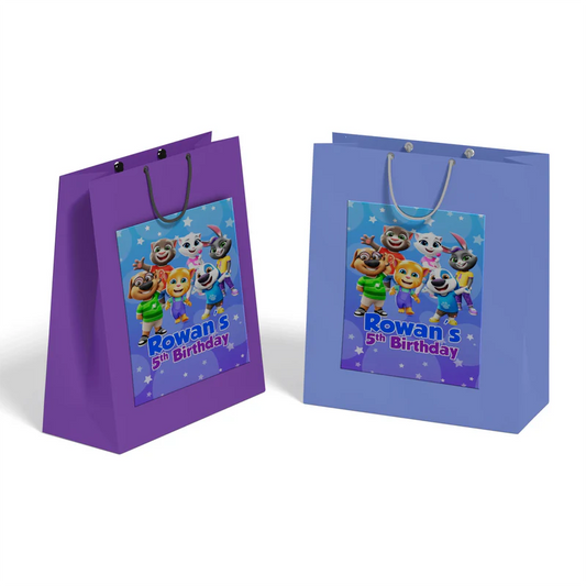 Talking Tom goodie bag label with character group shot and custom name for birthday gift bags.