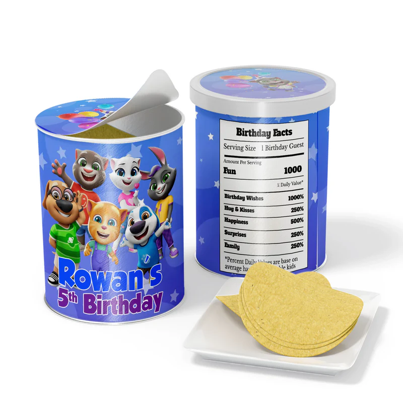 Talking Tom small Pringles label with character wrap design and personalized text for chip cans.