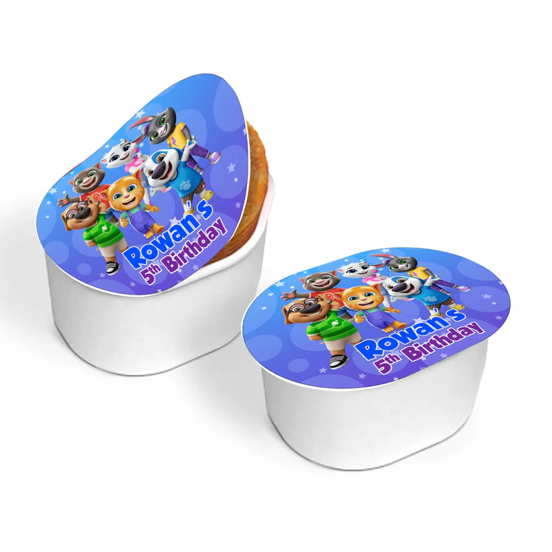 Talking Tom mini Pringles label with vibrant character graphics and custom birthday name on white background.