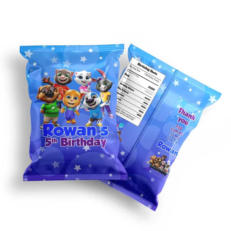 Talking Tom chips bag label with colorful character design and custom name on flat lay snack bag.