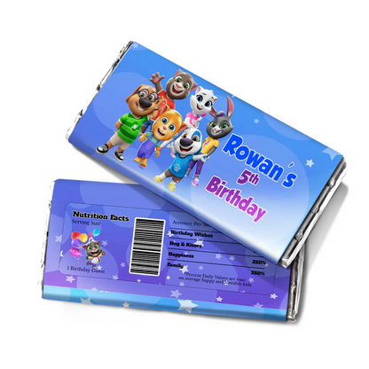 Talking Tom chocolate label featuring character graphics and personalized name for candy bar wrappers.