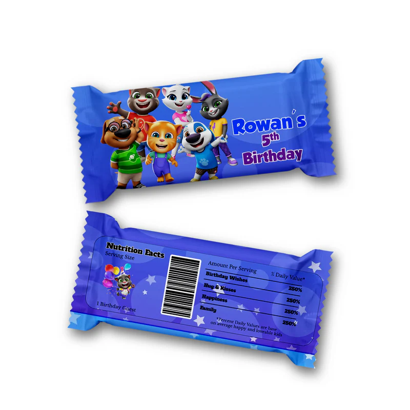 Talking Tom Rice Krispies treats and candy bar label set with character art and custom birthday text.