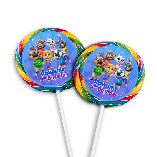 Talking Tom lollipop label with circular character portraits and personalized name for sweet treats.
