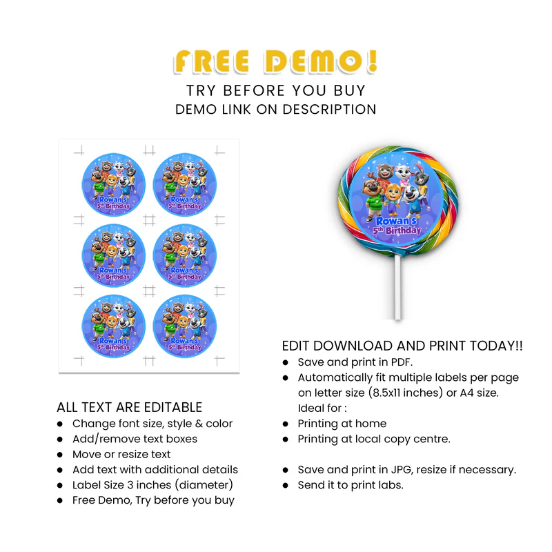 Custom Talking Tom Lollipop Label Party Printable